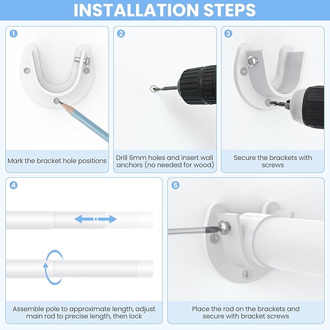 Closet Rods for Hanging Clothes, 17 to 99 Inch Heavy Duty Stepless Adjustable Closet Hanging Rod, 1.3 Inch Diameter Metal Closet Rod for Wardrobes Laundry Bedroom RV, White