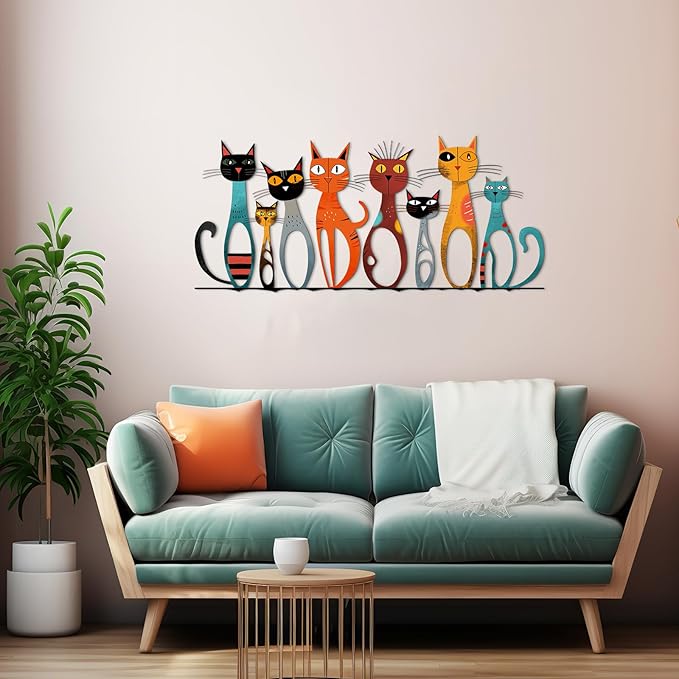 Wesiti Cat Wall Art Decor Iron Wall Sculptures Decor for Cats Lover 15.75 x 7.02 Inches Colorful Mid Century Cat Retro Signs for Home Living Room Bedroom Kitchen Office(Cute)