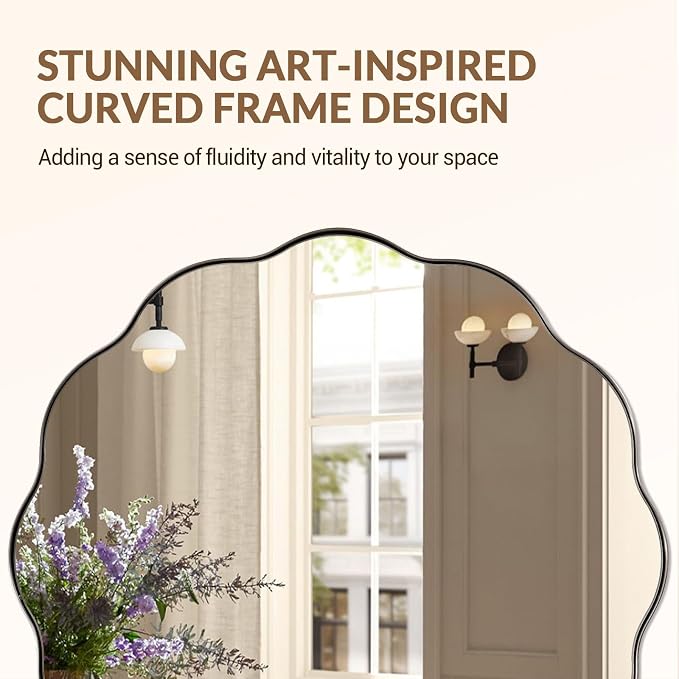 ANDY STAR Brushed Nickel Round Bathroom Mirror, 36 Inch Round Circle Mirror in Stainless Steel Metal Frame, Large Silver Vanity Frame with Unique Wavy Design