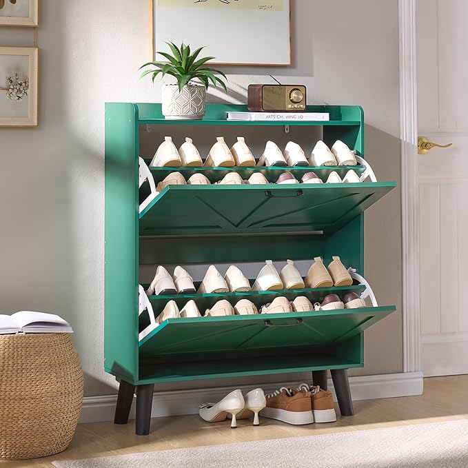 LEYAOYAO Shoe Storage Cabinet with 2 Flip Drawers，Narrow Shoe Storage Cabinet Organizer with Legs for Entryway Hallway, Living Room, Bedroom，Hidden Slim Storage Narrow Shoe Rack Cabinet,Green