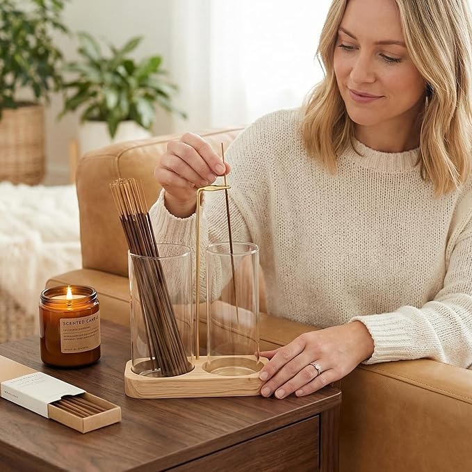 Incense Holder, 2 in 1 Wooden Incense Holder for Sticks with 20 Incense Sticks, Anti-ash Incense Burner with Glass Ash Catcher, Wood Incense Holder 20 Stick (2 in 1 Square)