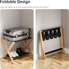HITNET Luggage Rack, Folding Suitcase Stand for Guest Room, Bamboo Luggage Holder with Storage Shelf for Hotel Bedroom, Natural