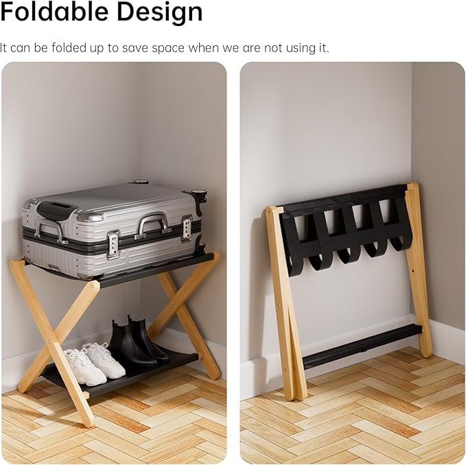 HITNET Luggage Rack, Folding Suitcase Stand for Guest Room, Bamboo Luggage Holder with Storage Shelf for Hotel Bedroom, Natural