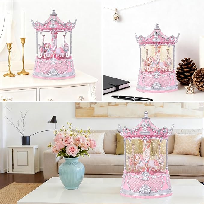 Gifts for Mom Pink Carousel Horse Snow Globe Music Box with Rotating Horses Musical Unicorn Snow Globe with Glitter for Girls, Women, Mom, Birthday Gifts Home Decorations (Pink Silver Carousel)