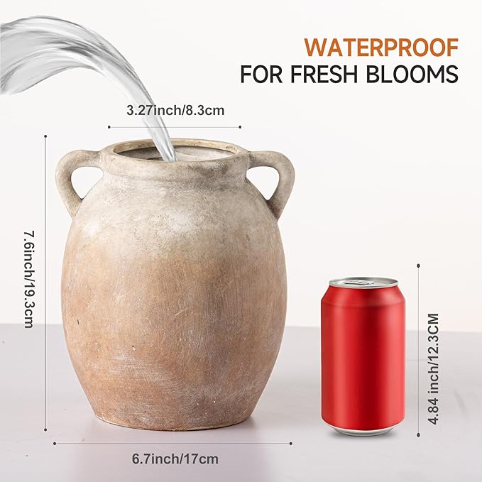 Ceramic Flower Vase 7.6 inch Farmhouse Rustic Vase Decorative Pottery Terracotta Vases for Home Decor Table Mantle Fireplace Living Room Bathroom Wedding Centerpiece (Aged Terra)