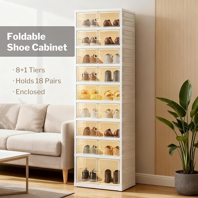 9 Tiers 18 Pairs Foldable Shoe Rack Organizer, Collapsible Shoes Storage Cabinet with Magnetic Doors, No Assembly, Stackable Tall Free Standing Shoe Rack for Closet, Entryway, Living Room