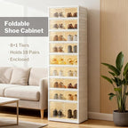 9 Tiers 18 Pairs Foldable Shoe Rack Organizer, Collapsible Shoes Storage Cabinet with Magnetic Doors, No Assembly, Stackable Tall Free Standing Shoe Rack for Closet, Entryway, Living Room