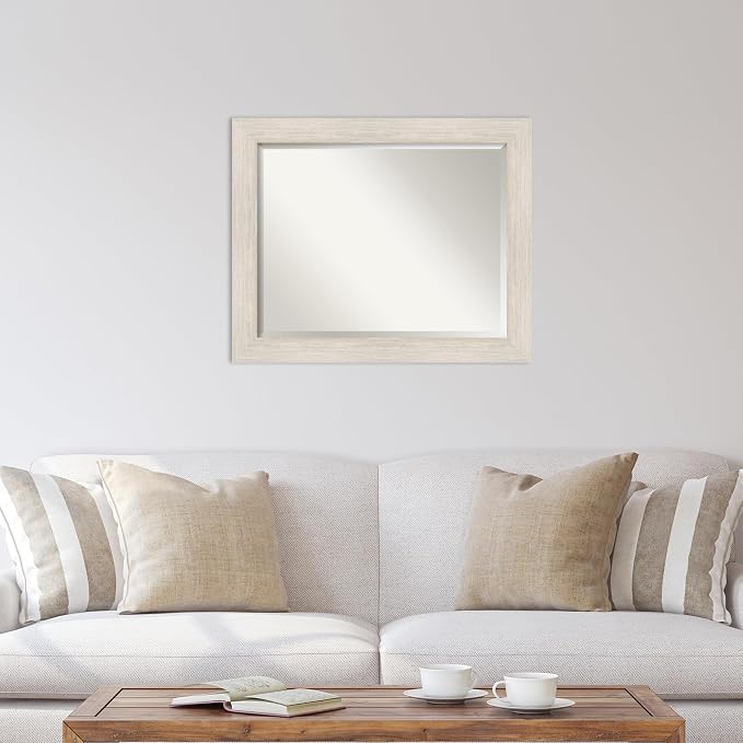 Amanti Art White Wall Mirror 27x33 Hardwood White Wash Rectangle Bathroom Mirror for Wall Decor Living Room, Large Country Rustic Wood Frame, Hangs Horizonally and Vertically, Bathroom Decor, Beveled