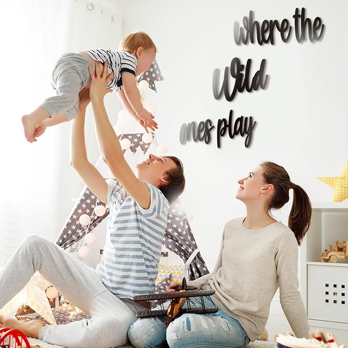 Kigley 5 Pcs Playroom Wall Decor 15.4" x 18" 3D Where The Wild Ones Play Nursery Sign Wooden Wall Art Decoration for Kids Toddler Room Decor Boys and Girls Kindergarten Bedroom Word Sign (Black)