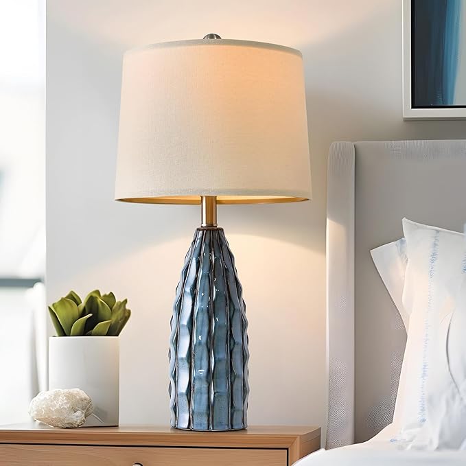 USumkky Ceramic Table Lamps Set of 2, 23.75" Modern Farmhouse Bedside Lamp - Blue Nightstand Lamps for Bedroom, Boho Living Room End Tables, Small Office Desk Lamp Decor
