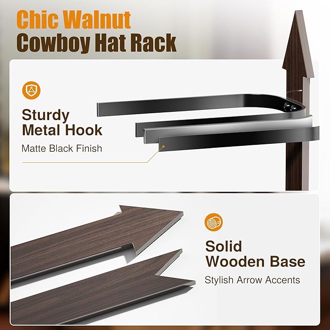 Cinati Cowboy Hat Rack, Cowboy Hat Holder Wall Mount Holds up to 4 Hats, Wooden Western Rustic Metal Cowboy Hat Hanger with Arrow Sign Board, Hat Rack for Cowgirl Hat, Fedora, Sun Hats (2 pack)