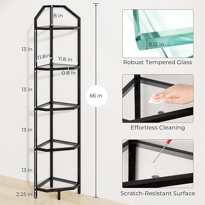 5 Tier Corner Wall Shelf Stand, 66" Metal Corner Shelves Bookshelf Display Shelf for Living Room Decor, Tall Plant Stand Multi Unit Organizer, Standing Shelf for Bedroom,Bathroom,Small Space (Black)