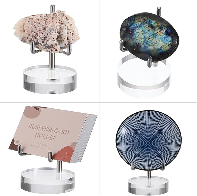 Hipiwe Adjustable Metal Arms Display Stand Easel with Acrylic Base Small Display Easel Holder for Fossil Coral Geodes Rock Mineral Agate Crystals Seashell and Small Collectibles, 2.4*2.4*3.1 inch
