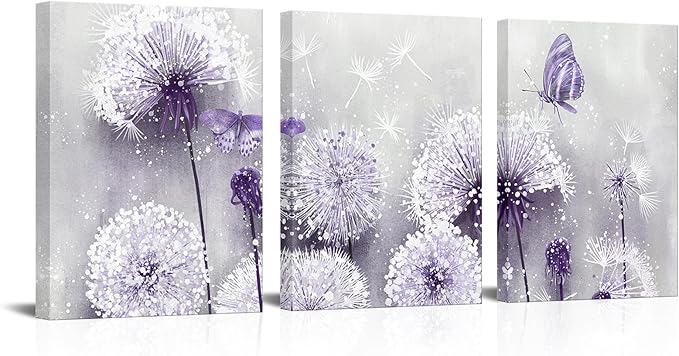 iHAPPYWALL 3 Pieces Lavender Dandelion Canvas Wall Art Abstract Wish Flower Butterfly Picture for Bathroom Bedroom Kitchen Wall Decor Ready to Hang 12x16inchx3pcs (Purple)