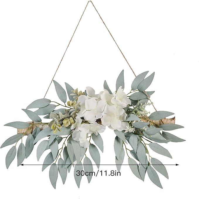 Artificial Hydrangea Swag,Handmade Floral Swag Garland Wall Decor with White Hydrangea Flowers and Willow Leaves Decorative Log Branch Hanging Hoop for Wall Window Bohemian,11.8