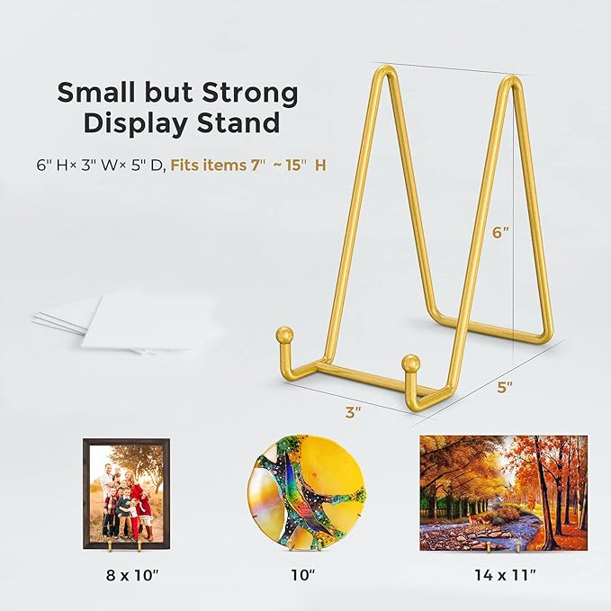 TR-LIFE 4 Pack 6 Inch Plate Stands for Display - Metal Easel Holder Stand for Picture Frame, Decorative Plate, Photo, Tabletop Art (Gold)
