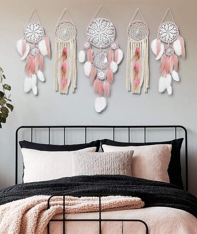 5 Pack Dream Catchers Moon Phase Boho Wall Decor Feather Handmade Traditional Macrame Wall Hanging Dream Catcher for Home, Bedroom, Living Room, Witchy Gifts (Pink Set)