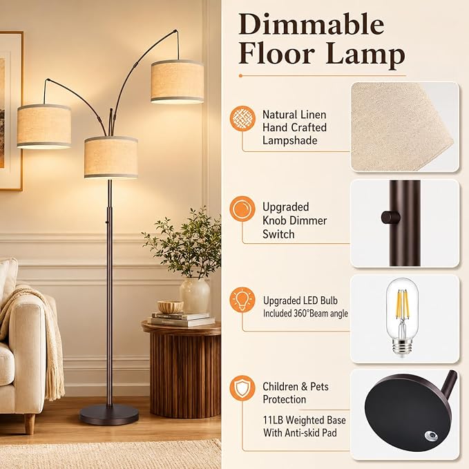 Dimmable Floor Lamp - 3 Lights Arc Floor Lamps for Living Room, 1000LM Modern Tall Standing Lamp With Beige Shades, Mid Century Tree Floor Lamp for Bedroom Office, 3 LED Bulbs Included - Brown