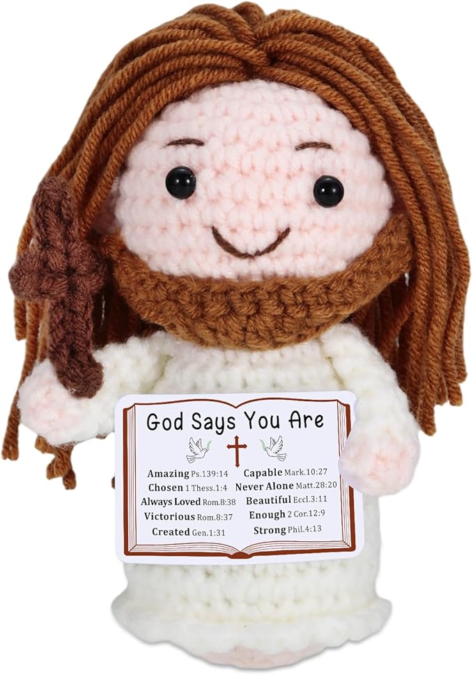 Crochet Jesus Doll with Blessing Card - Religious Gift for First Communion, Baptism, Confirmation,Easter Basket Stuffers for Girls, Boys, and Teens - Christian Gift for Young Believers, Godchildren