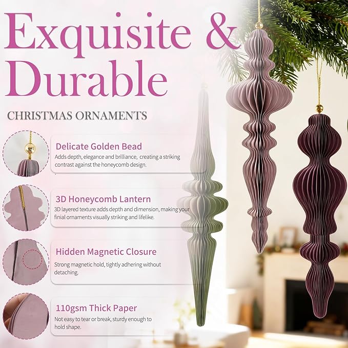 6Pcs Christmas Honeycomb Ornaments for Tree, 3D Paper Honeycomb Hanging Decorations Neutral Finial Christmas Ornaments Lanterns for Xmas Tree New Year Holiday Party Home Decor, Green Pink Gray