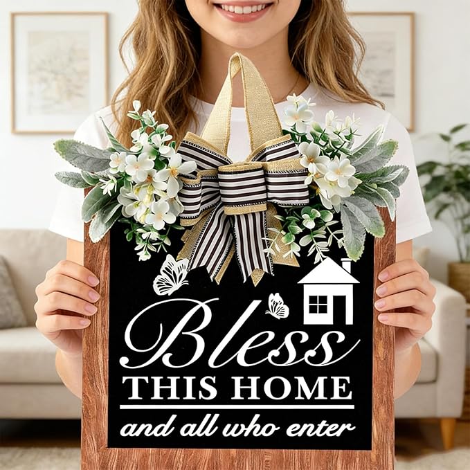 14'' Bless This Home and All Who Enter Wooden Door Sign - Welcome Wreaths for Front Door Rustic Bless This House Outdoor sign for Front Door, Housewarming Gift for Front Door Entryway Kitchen Garden and Porch All Seasons