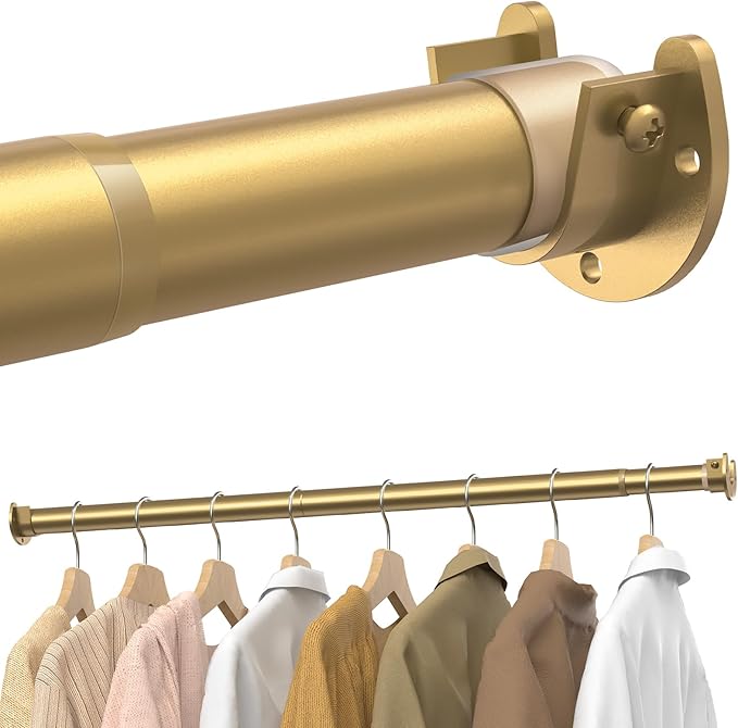 Closet Rods for Hanging Clothes, 17 to 99 Inches Stepless Adjustable Metal Closet Rod, 1.3 Inches Heavy Duty Clothes Hanging Rod for Closet Wardrobes Laundry RV, Golden