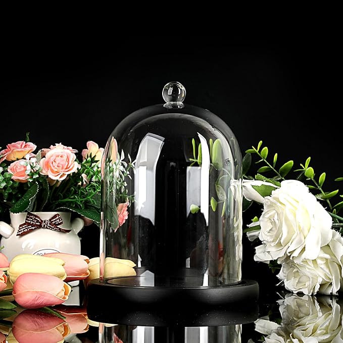 JUXYES Glass Display Dome Cloche with Wood Base, Clear Glass Dome Cloche Bell Sphere Jar Snow Globe Kit, Snowglobe Cloche Bell Jar Display for Fairy Light Plant Collectible Figures
