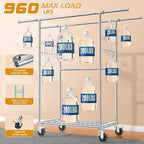 100% Stainless Steel Heavy Duty Clothes Rack Load 960LBS, Three Rods Clothing Racks for Hanging Clothes Extendable，Rolling Garment Rack With Sturdy Wheels Shelves Hooks, Portable Closet Wardrobe Rack