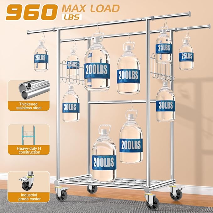 100% Stainless Steel Heavy Duty Clothes Rack Load 960LBS, Three Rods Clothing Racks for Hanging Clothes Extendable，Rolling Garment Rack With Sturdy Wheels Shelves Hooks, Portable Closet Wardrobe Rack