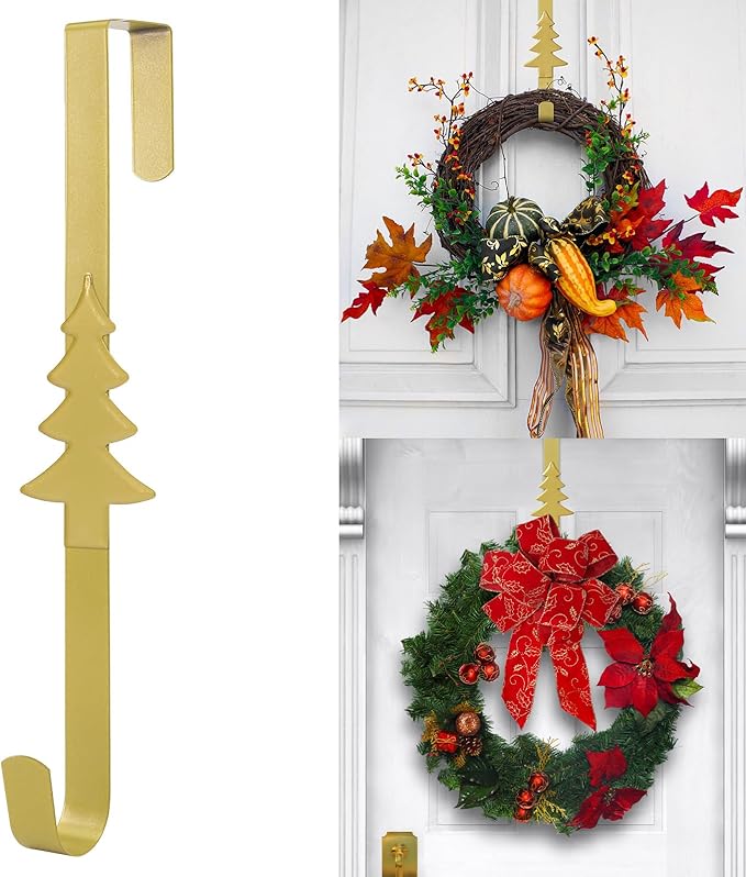Wreath Hangers for Front Door,15" Sturdy Metal Wreath Doors Hangers,Over The Door Hooks for Front Porch Decor,Garland Hooks Holders for Halloween Christmas Decorations (Gold Christmas Tree, 2 Pack)