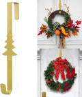 Wreath Hangers for Front Door,15" Sturdy Metal Wreath Doors Hangers,Over The Door Hooks for Front Porch Decor,Garland Hooks Holders for Halloween Christmas Decorations (Gold Christmas Tree, 1 Pack)