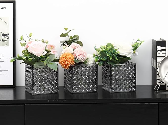 Square Vases Set of 6, 5" x 5" x 5" Square Glass Vases for Flowers, Black Flower Vase for Centerpieces, Small Bubble Vase for Wedding, Party, Home, Office, Parties, Events
