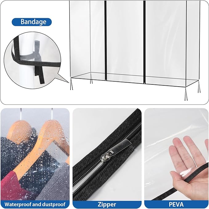 Zilink Clear Garment Rack Cover 6Ft Transparent Clothes Rack Cover Waterproof Clothing Rack Cover with 2 Durable Zippers for Garment Rack (72"L x 20"W x 60"H, Rack Not Included)