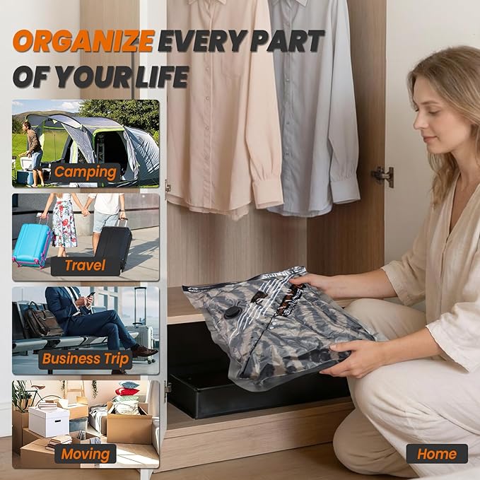 Space Saver Vacuum Storage Bags with Manual Hand Pump - 8PCS Set (4 Medium/4 Small) 70% Compression Travel Bags for Clothing Storage