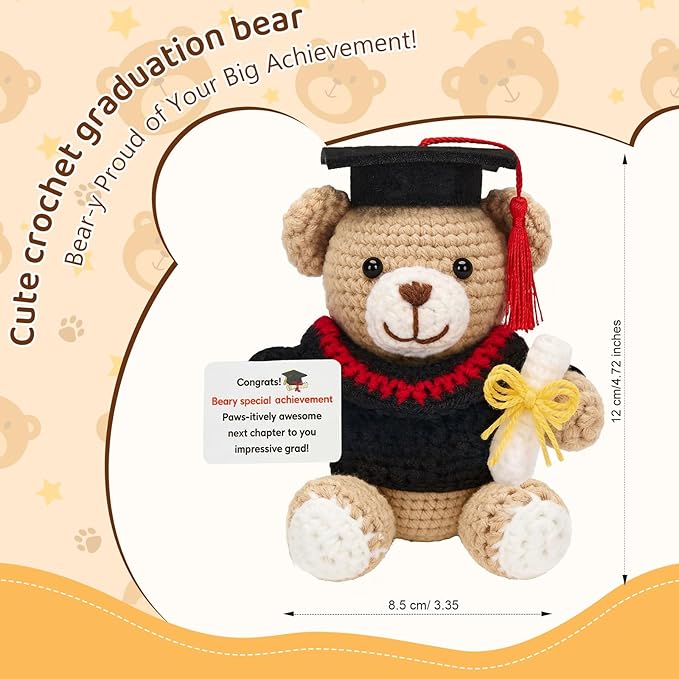 Crochet Graduation Bear 2026, Handmade Knitted Teddy Bear with Cap, Graduation Gifts 2026 for Him Her, Emotional Support Crochet Animal for College High School Graduate Student Daughter Son Friend
