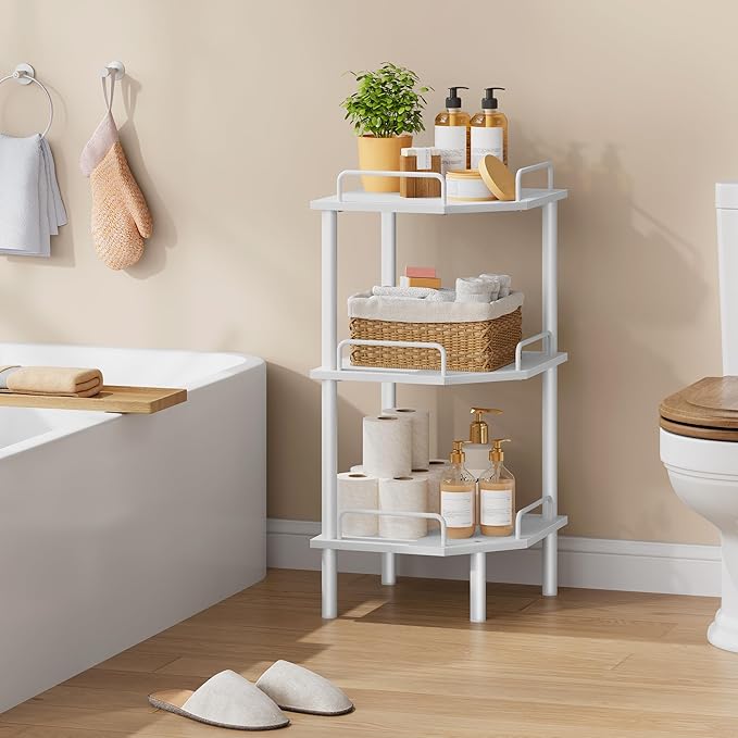 Tajsoon Corner Shelf Stand, 3 Tier Industrial Corner Shelves, Multipurpose Standing Display Shelf, Corner Shelving Unit for Bedroom, Living Room, Office, Kitchen, White