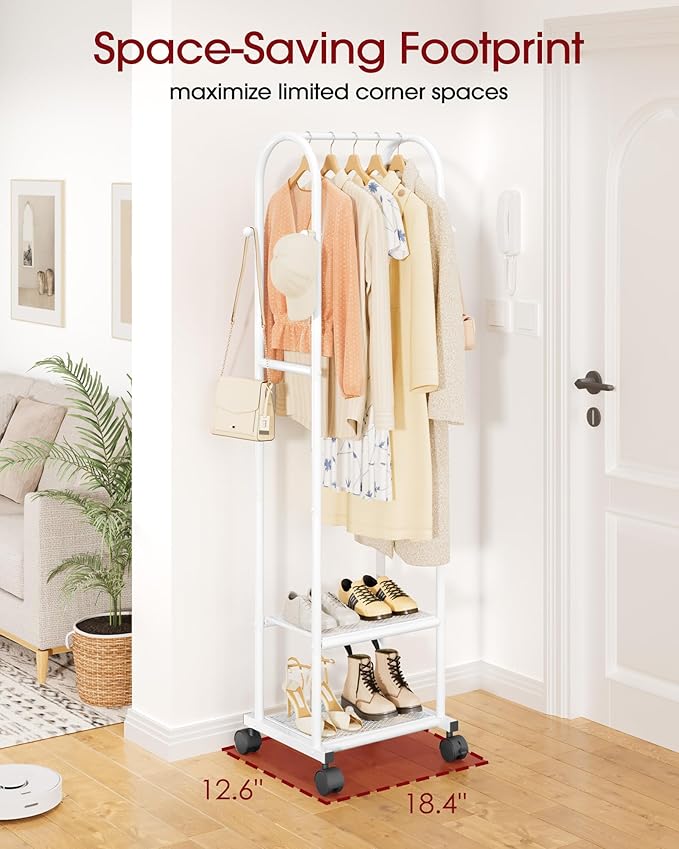 Heavy Duty Premium Clothes Rack with 2-Tier Mesh Shoe Shelves & 4 Hooks, Lockable Wheels, Space-Saving, Multi-Functional for Bedroom, Entryway, Closet, Modern Design, 18.4" x 12.6" x 72", White