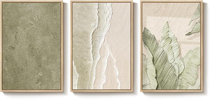 Framed Abstract Sage Green 3 Piece Wall Art for Living Room, Modern Neutral Waves Botanical Canvas Artwork for Walls, Minimalist Wabi Sabi Rustic Nature Print Wall Decor for Bedroom Office, 16x24 Inch