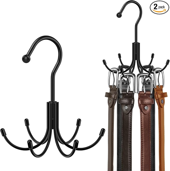Belt Hanger, Metal Belt Rack Holder, 360° Rotatable, Maximum 24 Storage Capacity, Black, 2 Pcs