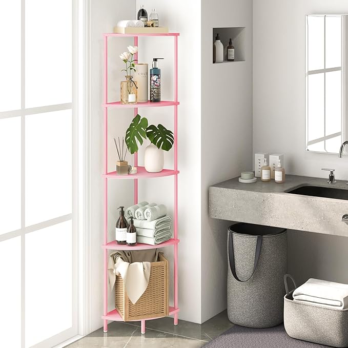 Yoobure Corner Shelf Stand, 5-Tier Bookshelf, 65" Tall Shelves for Bedroom, Living Room, Narrow Display Bookcase, Pink with Display Shelves for Office