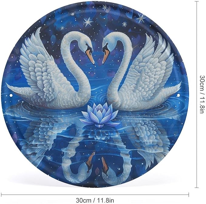 Wall Picture, with Two White Swans Printed Circular Iron Hanging Picture,Wall Art Decor,Home for Bedroom Living Room Bathroom Decor,Iron Painting 11.8X11.8 in