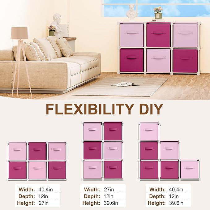 6 Cube Storage Organizer with Shelf Back to School Boxes 11 Inch Toy Storage Bins Closet Organizers Drawers Fabric Dresser for Playroom Books Bedroom Dorm Kitchen (Pink,Rose)