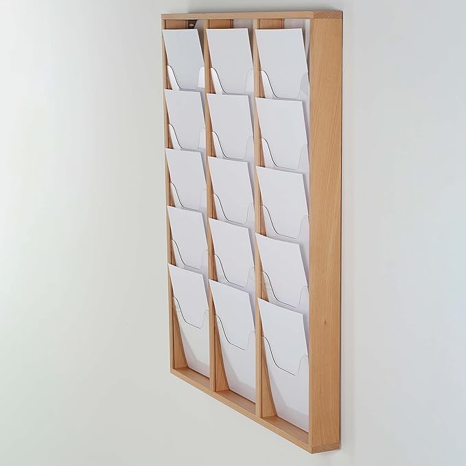 M&T Displays Wall Mount Natural Wood Magazine Brochure Rack Wooden Leaflet Literature Catalog Holder Easy Assembly Durable Clear PET G Pocket 15x(8.5x11) Inch for School Office Hospital Hotel Indoor