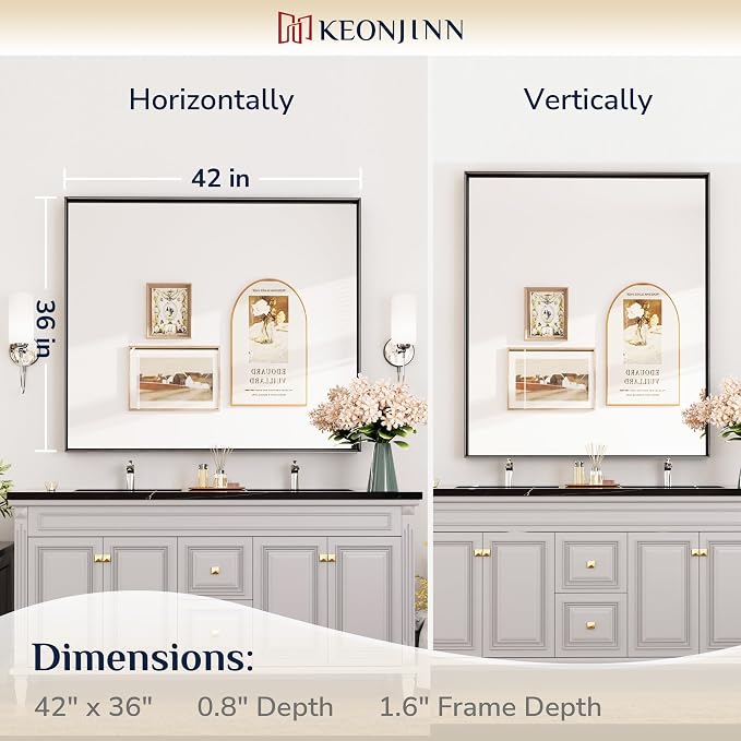 Keonjinn 42 x 36 Inch Black Framed Mirror, Bathroom Vanity Mirror for Wall, Metal Framed Rectangle Bathroom Mirrors, Large Modern Farmhouse Matte Black Mirrors for Over Sink(Horizontal/Vertical)