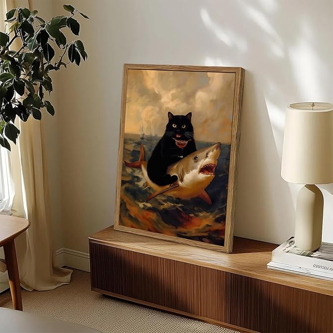 Funny Black Cat Wall Art Whimsical Cat Riding a Shark Wall Decor Picture Unique Animal Ocean Poster Canvas Painting Prints for Bedroom Living Room 16x24 inch Framed