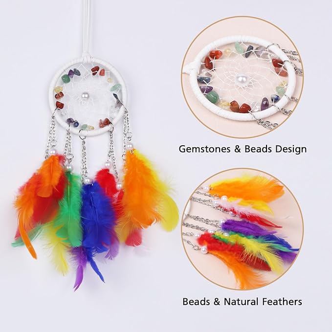 Pretty Jolly Crystal Stone Small Dream Catchers Rainbow Feathers Mini Dreamcatchers with Beads for Cars Rear View Mirror Hanging Decoration Good Luck Travel Charm Bedroom Ornaments for Women Girls