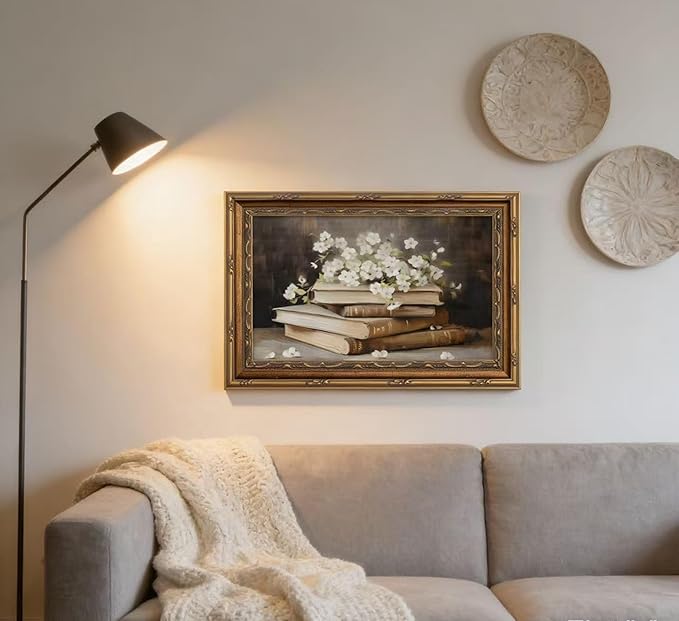 Vintage Gold Framed Wall Art Retro Moody Books and Flowers Oil Painting Canvas Print Dark Academia Decor Rustic Farmhouse Dark Floral Picture Poster Artwork for Study Library Office Bedroom