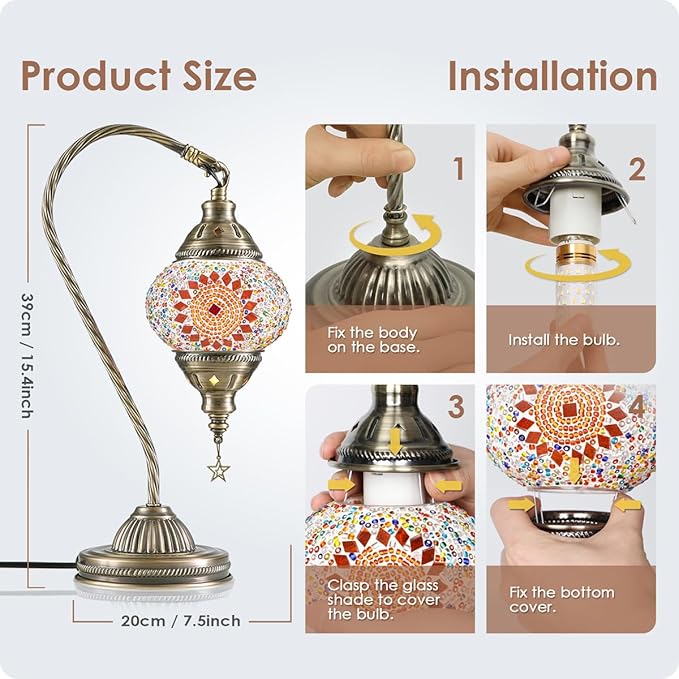 Yarra-Decor Turkish Moroccan Lamp with Bronze Base 3 Color Options Handmade Swan Neck Tiffany Mosaic Glass Bedside Lamps for Bedroom (LED Bulb Included)(4)