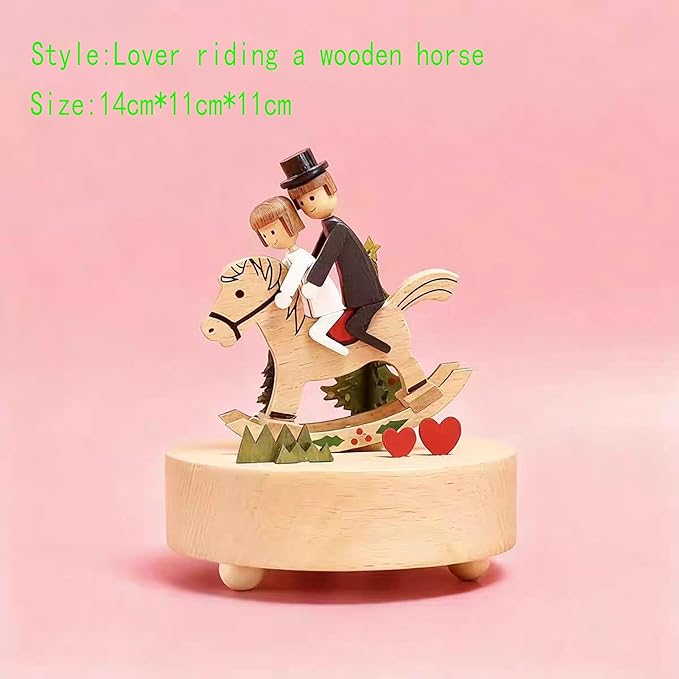 Natural Solid Wood Handcrafted Beech Wooden, Musical FigureTotoro/Carousel/Fairy/Ballerina Figurine,Rotating Hand Crank Mechanism Music Box,Musical Decorations (Lover Riding a wodden Horse)