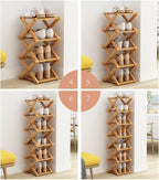 Foldable Shoe Rack, Bamboo Vertical Shoe Organizer Tall for Small Spaces. Multifunctional Narrow Shoe Shelf for Entryway, Closet, Corner, Bedroom, Hallway, Wood Color 5 Layers